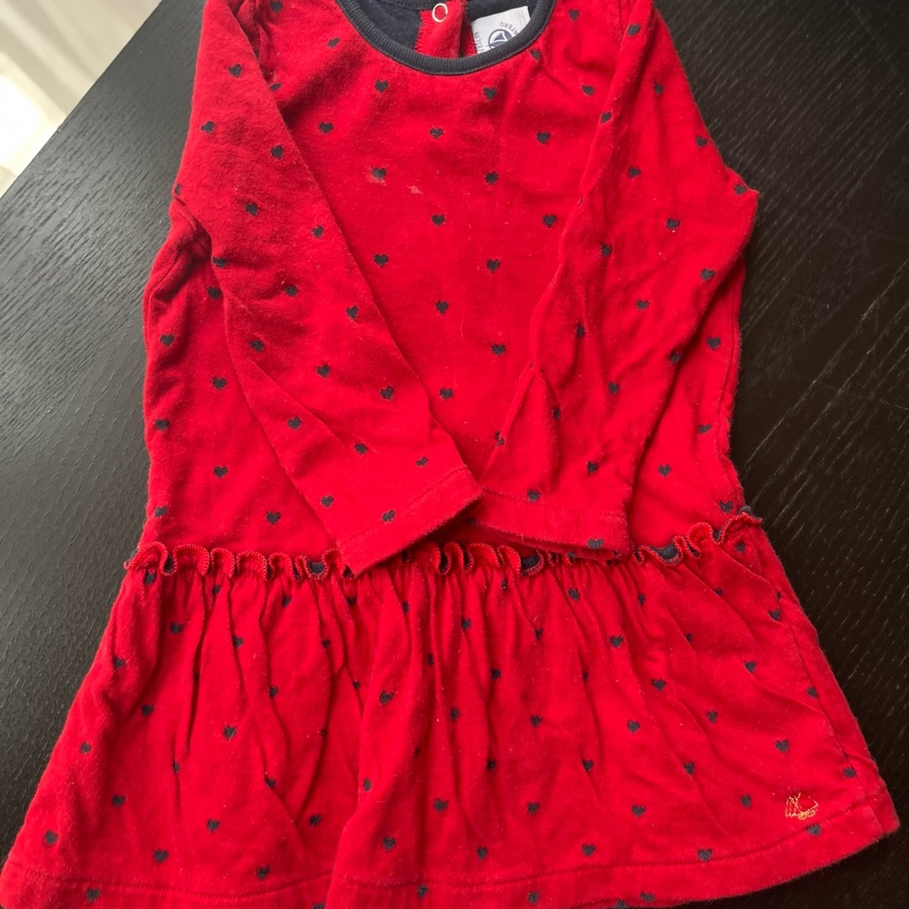 Petit Bateau Red and Navy Heart-Patterned dress 18+ months long sleeve